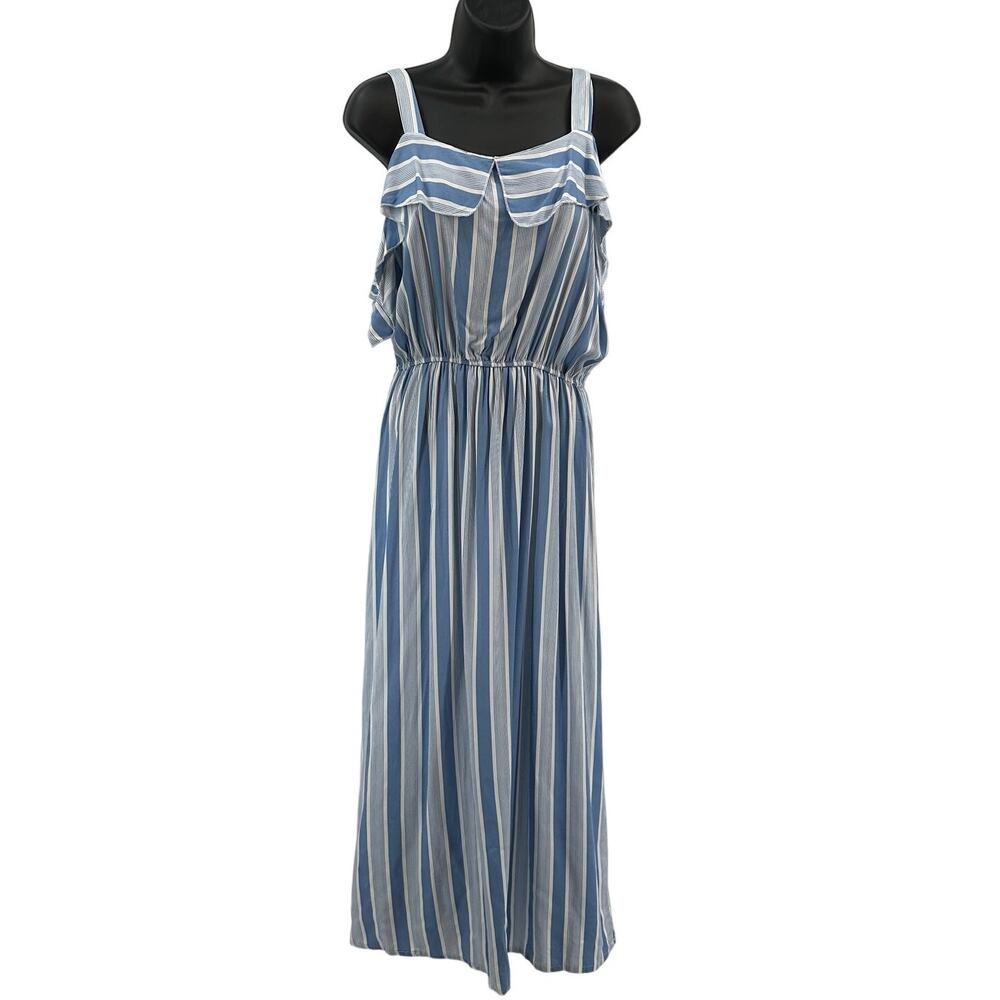 Seven Island Maxi Dress M Blue White Stripe Cold Shoulder Elastic Waist Pullover